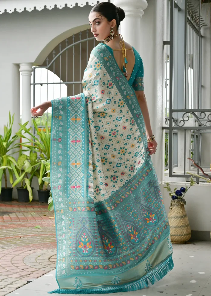 White and Turquoise Patola Silk Saree