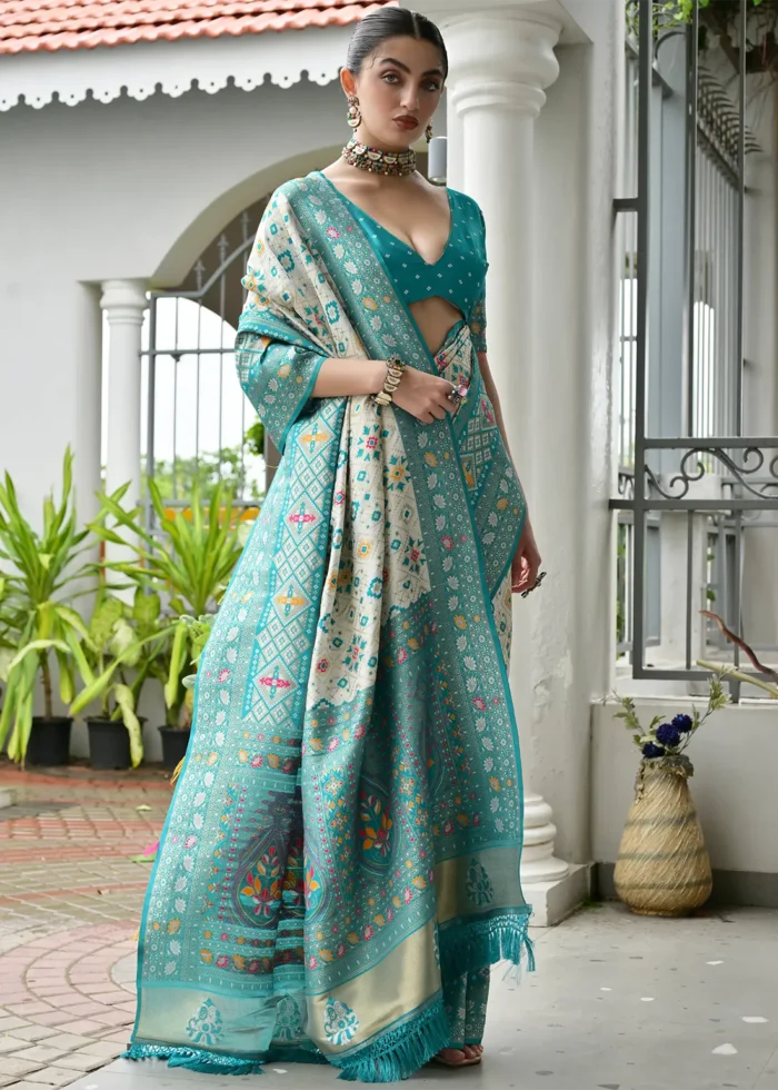 White and Turquoise Patola Silk Saree