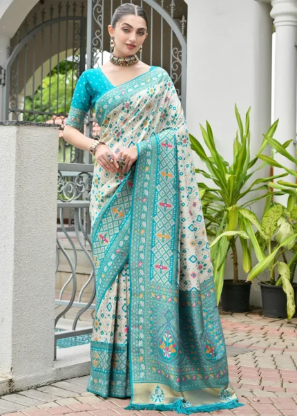 White and Turquoise Patola Silk Saree
