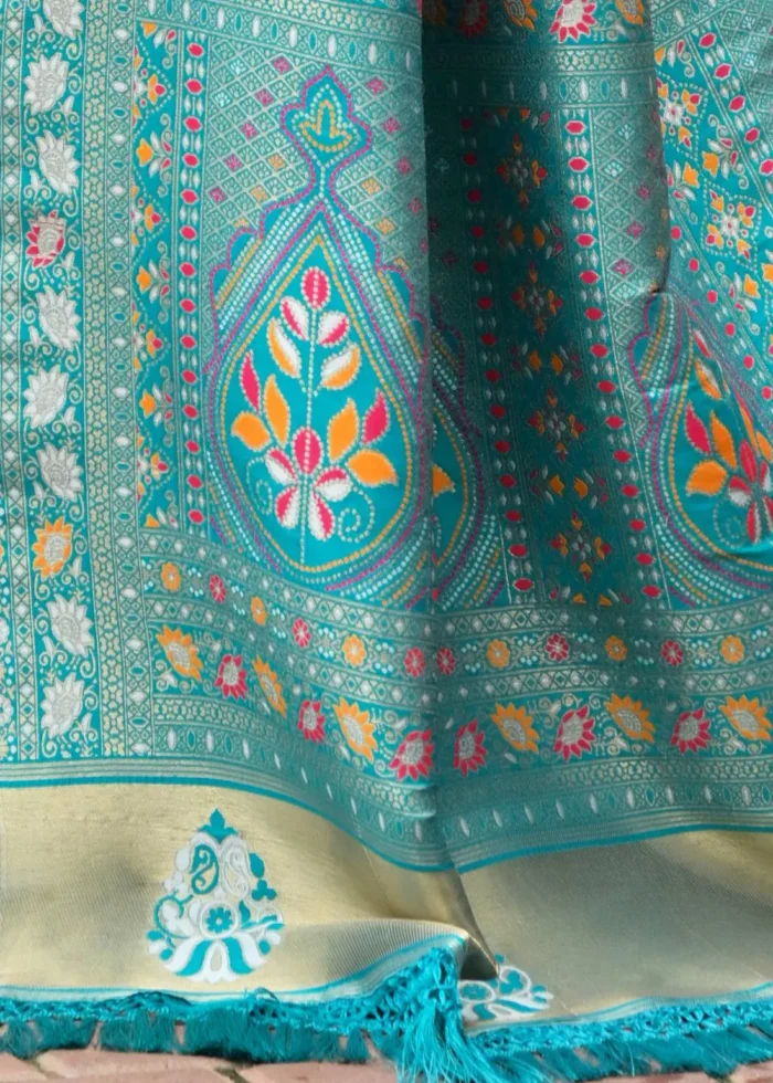 White and Turquoise Patola Silk Saree