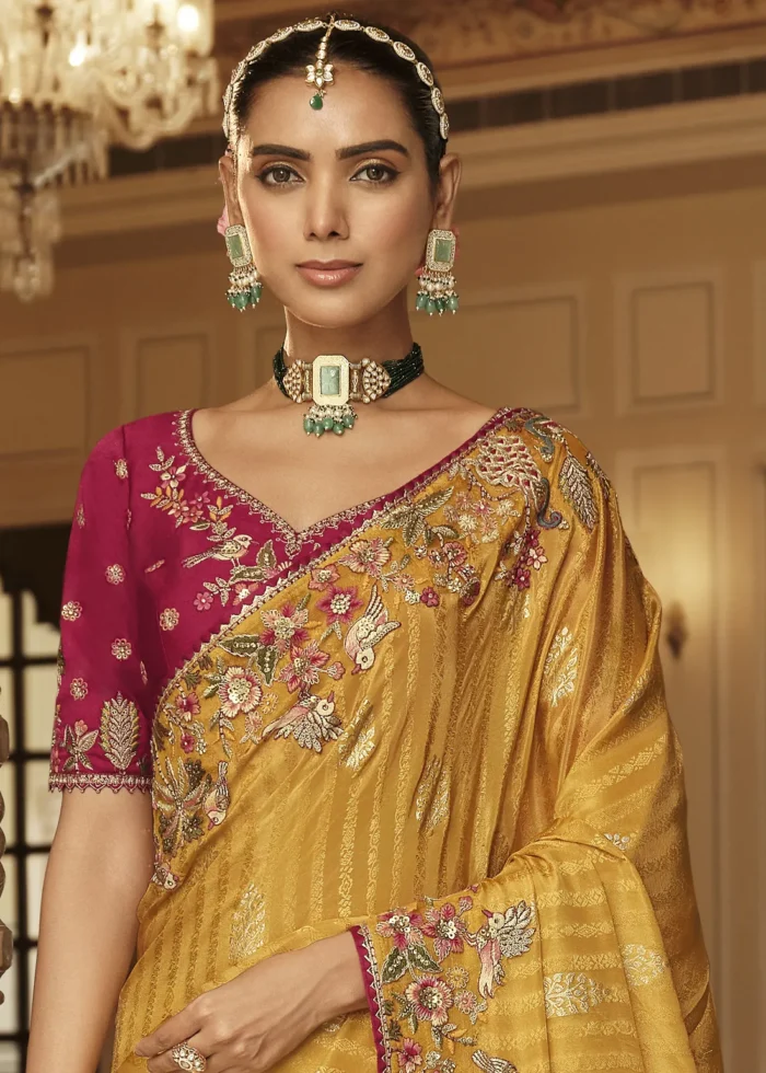 Yellow Banarasi Silk Saree with Heritage Motifs Embroidery