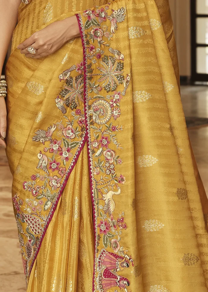 Yellow Banarasi Silk Saree with Heritage Motifs Embroidery