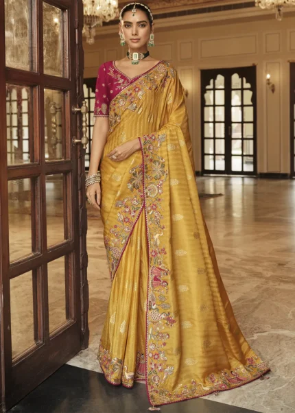 Yellow Banarasi Silk Saree with Heritage Motifs Embroidery