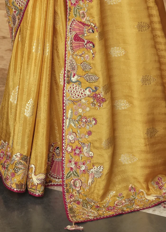 Yellow Banarasi Silk Saree with Heritage Motifs Embroidery
