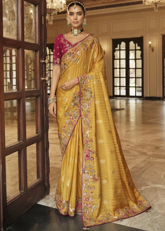 Yellow Banarasi Silk Saree with Heritage Motifs Embroidery