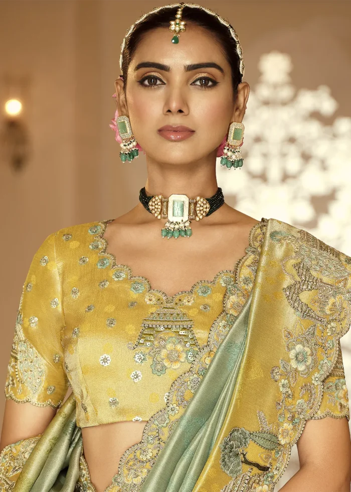 Yellow & Sage Green Banarasi Silk Saree with Embroidery
