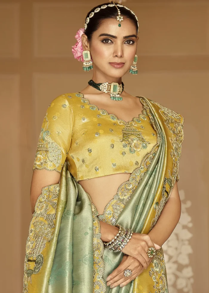 Yellow & Sage Green Banarasi Silk Saree with Embroidery
