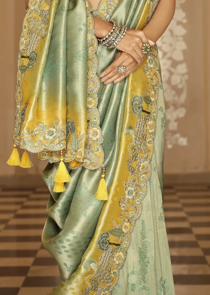 Yellow & Sage Green Banarasi Silk Saree with Embroidery