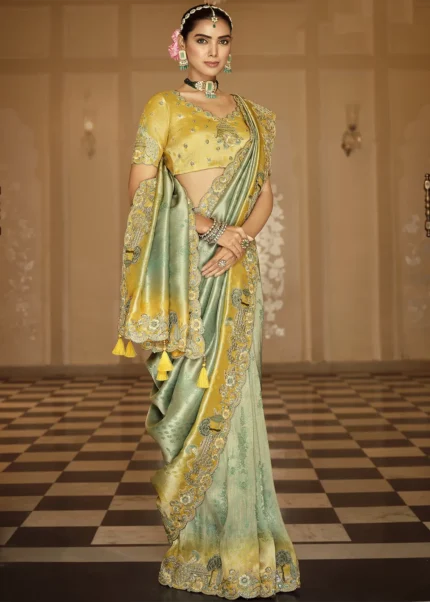 Yellow & Sage Green Banarasi Silk Saree with Embroidery