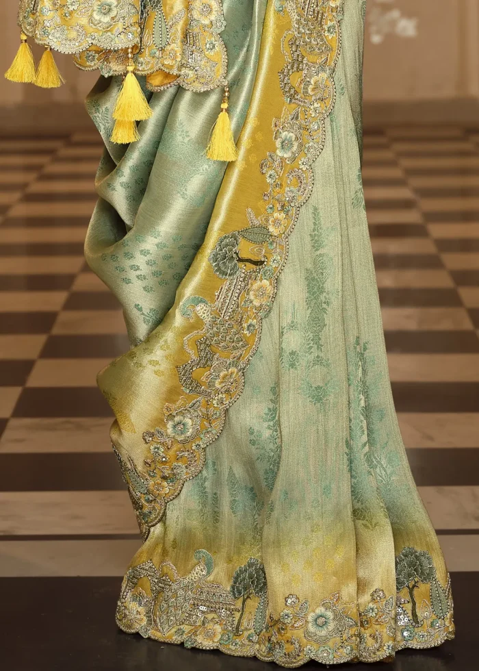 Yellow & Sage Green Banarasi Silk Saree with Embroidery