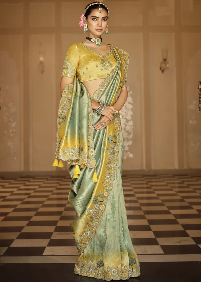 Yellow & Sage Green Banarasi Silk Saree with Embroidery