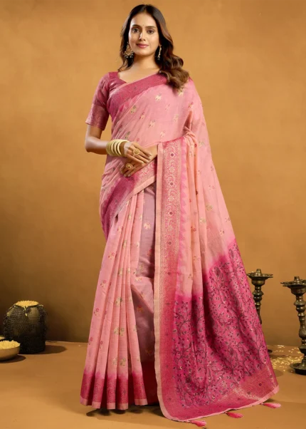 Baby Pink Linen Saree with Meenakari & Zari Weaving