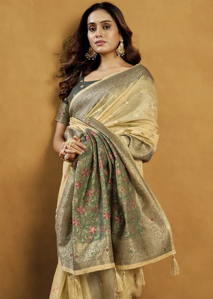 Beige Linen Saree with Meenakari & Zari Weaving