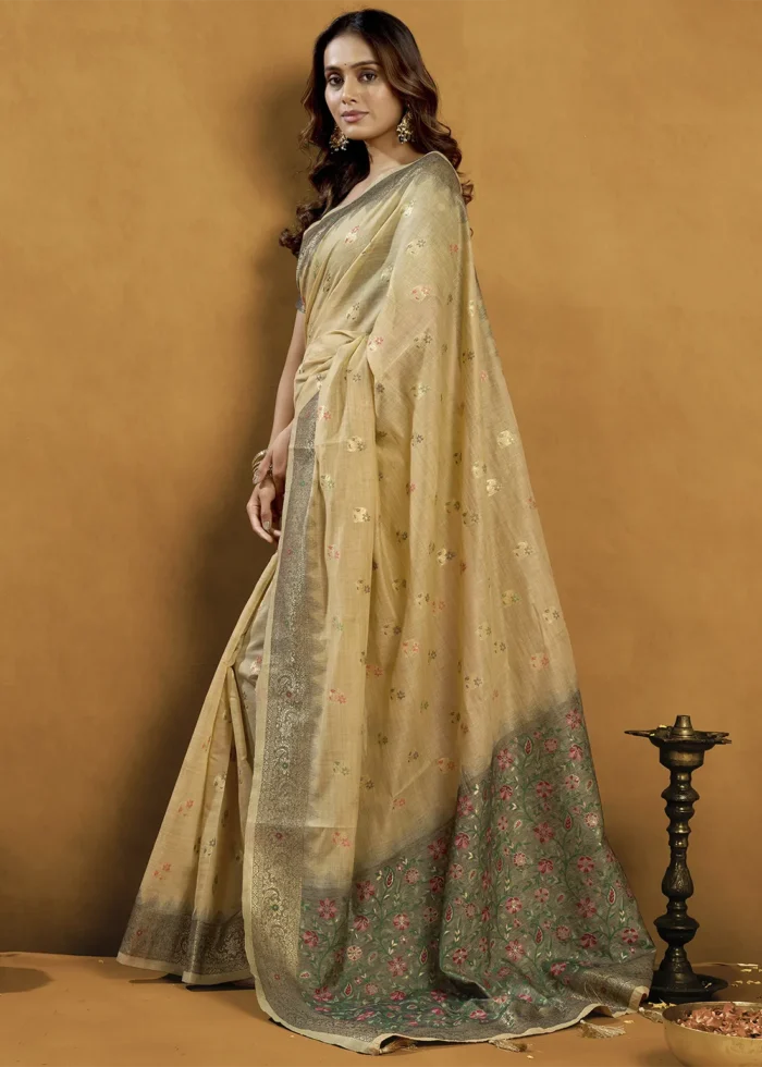 Beige Linen Saree with Meenakari & Zari Weaving