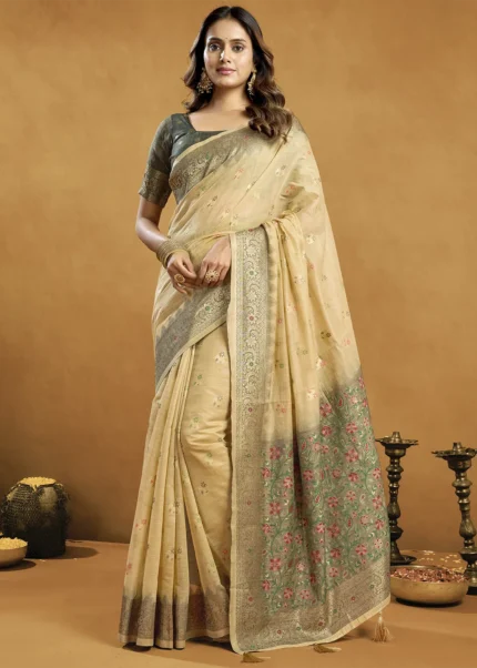 Beige Linen Saree with Meenakari & Zari Weaving