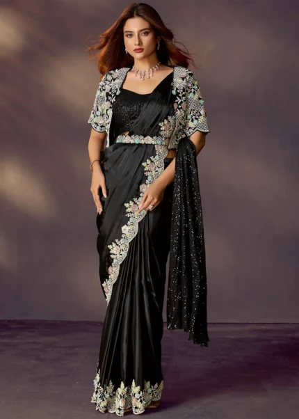 Black Ready to Wear Satin Silk Saree with Jacket & Belt