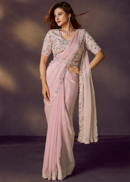 Blush Pink Ready to Wear Designer Saree with Belt