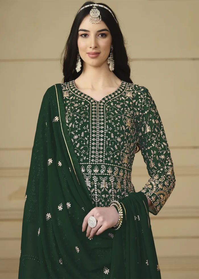 Bottle Green Embroidered Georgette Anarkali Gown