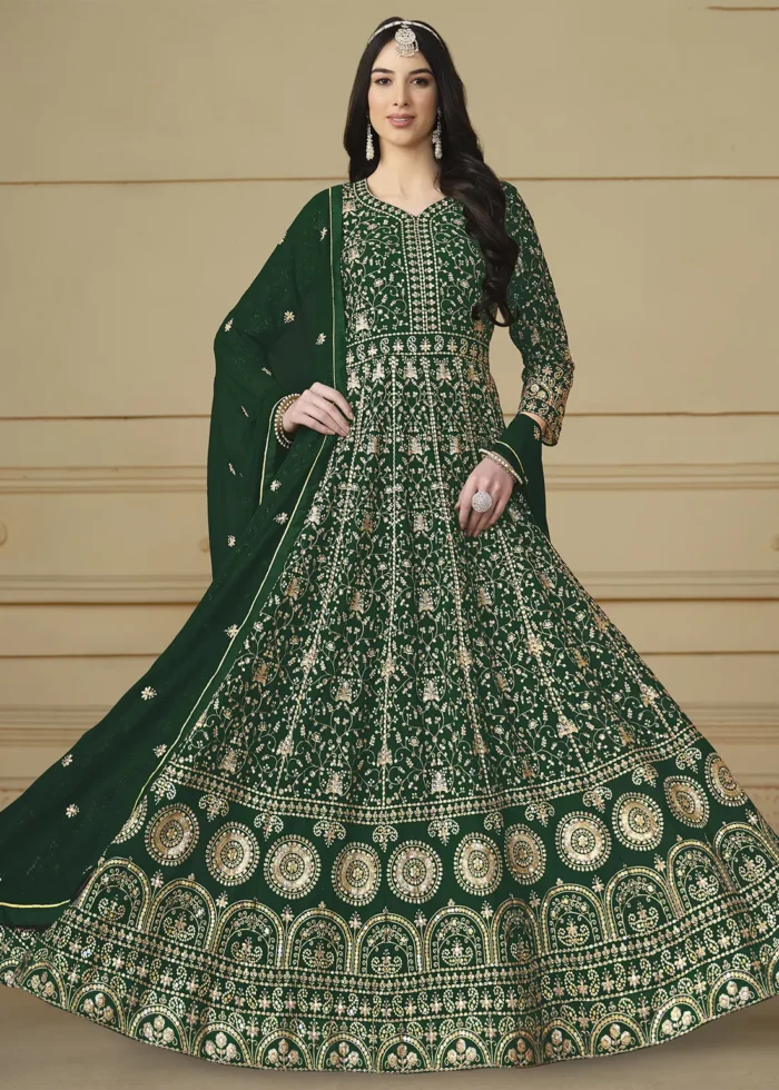 Bottle Green Embroidered Georgette Anarkali Gown