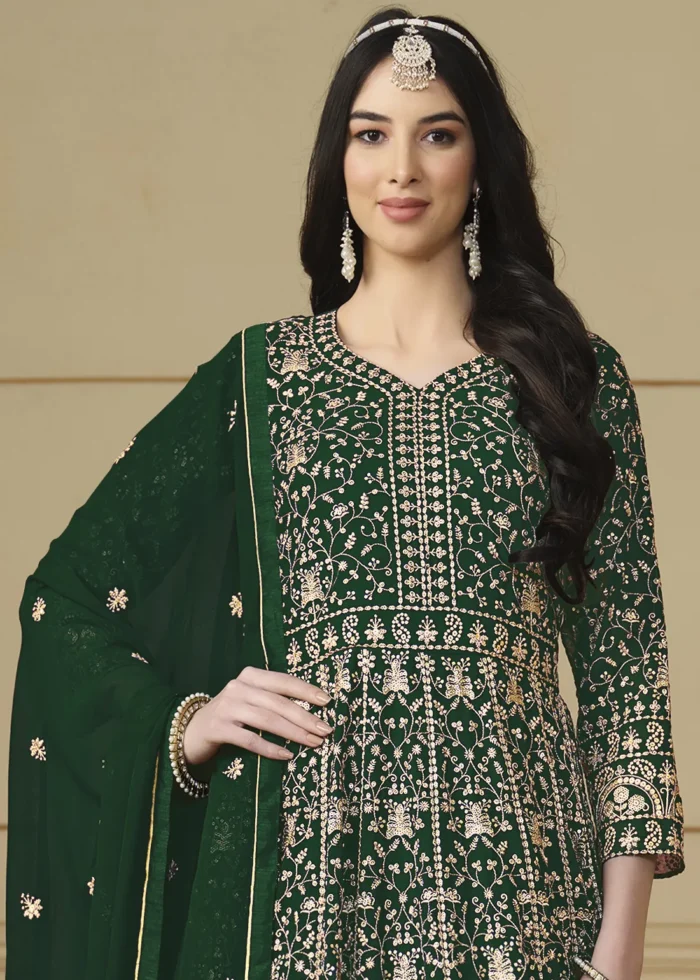 Bottle Green Embroidered Georgette Anarkali Gown