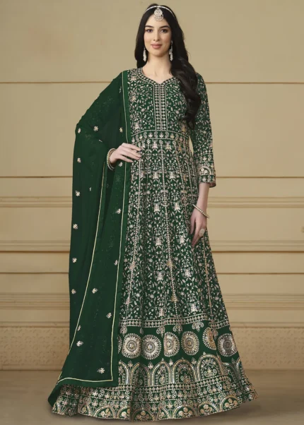 Bottle Green Embroidered Georgette Anarkali Gown