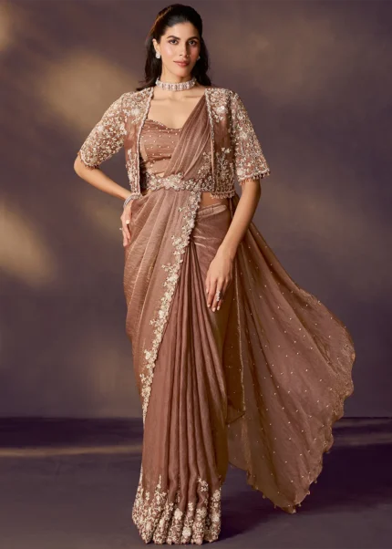 Coffee Brown Ready to Wear Satin Silk Saree with Jacket & Belt