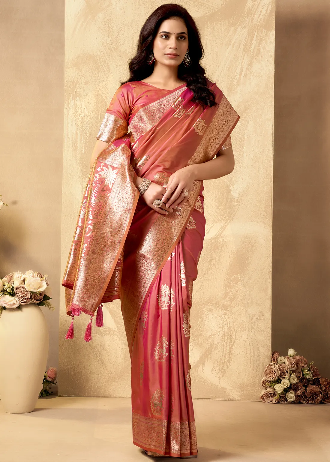 Coral Pink Banarasi Silk Saree with Golden Zari Weaving Coral Pink Banarasi Silk Saree with Golden Zari Weaving