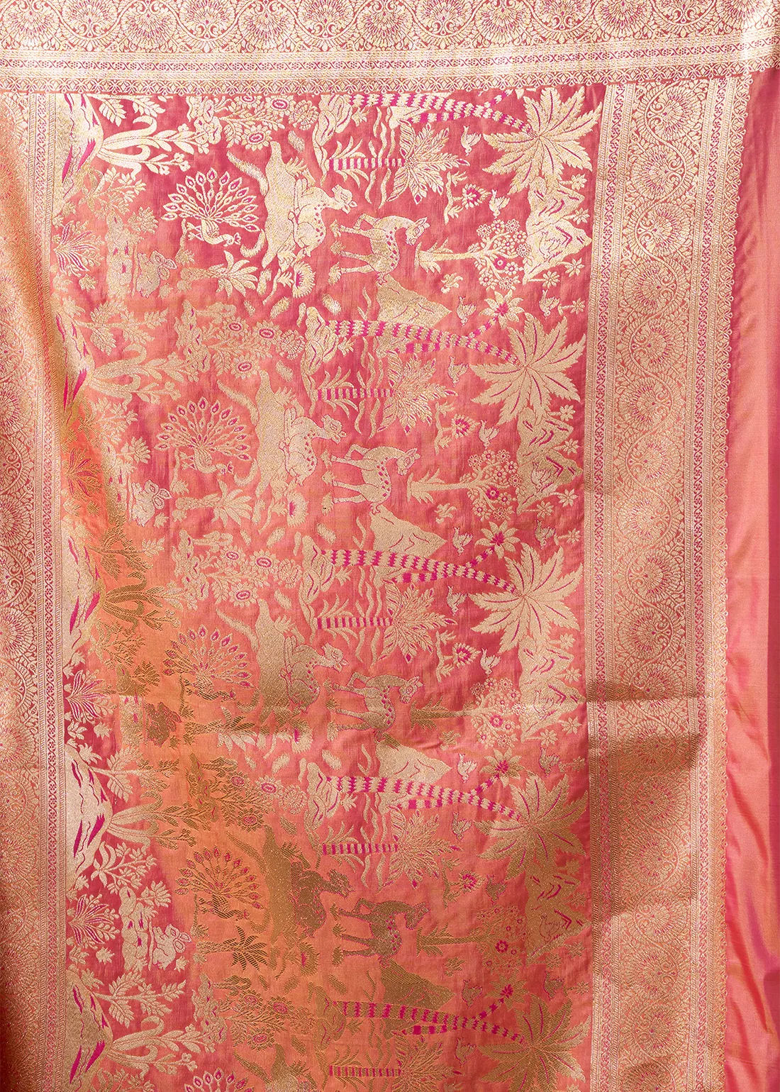 Coral Pink Banarasi Silk Saree with Golden Zari Weaving Coral Pink Banarasi Silk Saree with Golden Zari Weaving