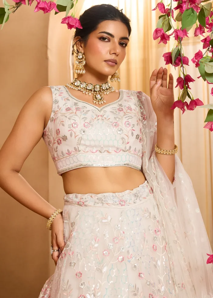 Cream Net Lehenga with Embroidery Work