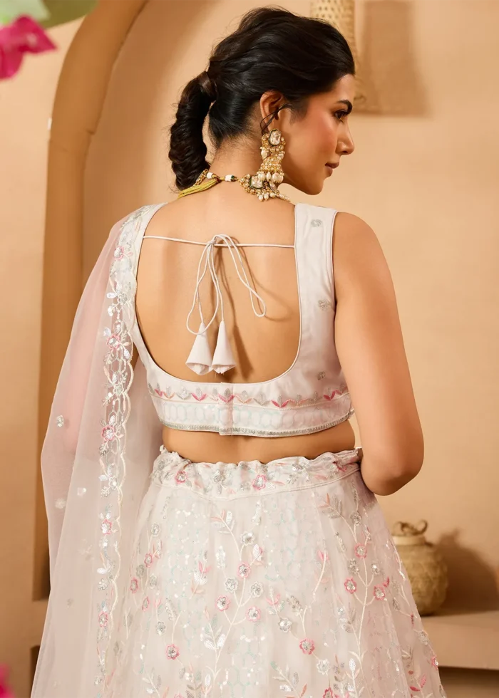 Cream Net Lehenga with Embroidery Work