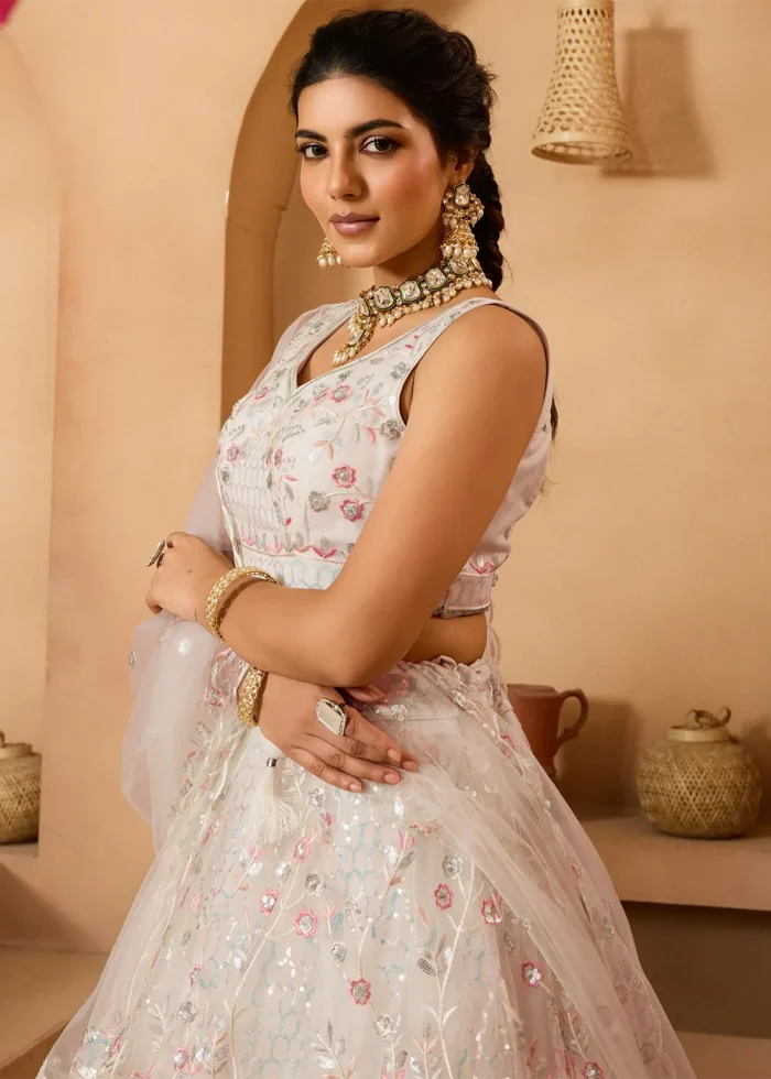 Cream Net Lehenga with Embroidery Work