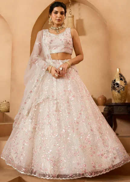 Cream Net Lehenga with Embroidery Work