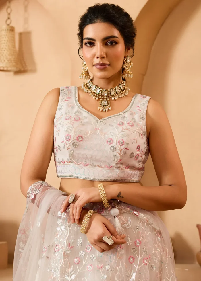 Cream Net Lehenga with Embroidery Work