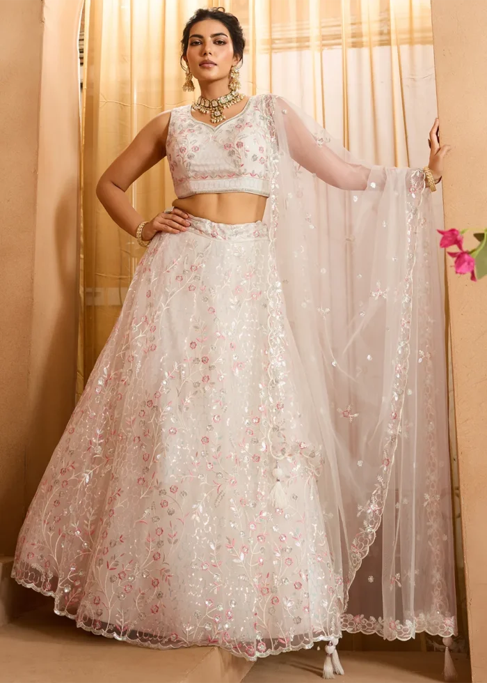 Cream Net Lehenga with Embroidery Work
