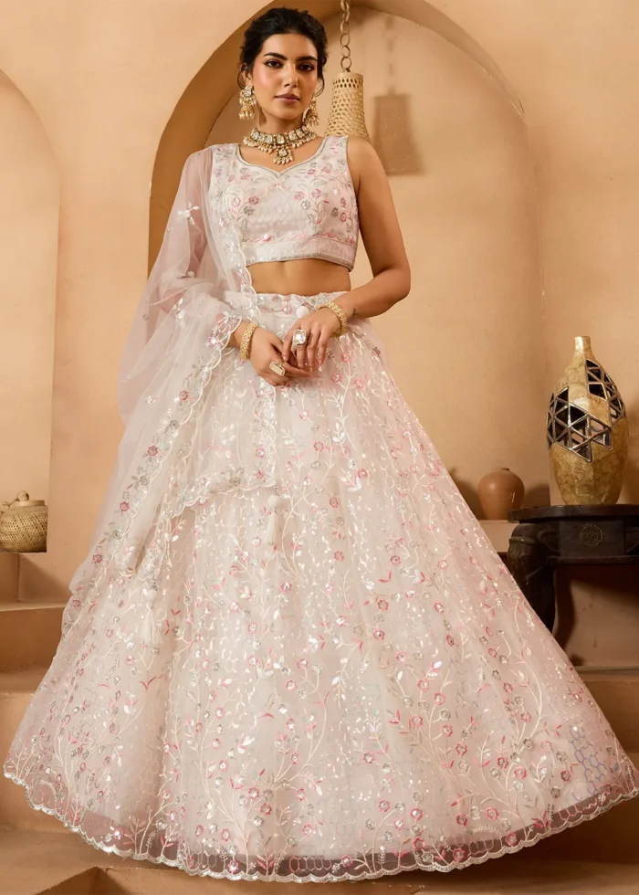 Cream Net Lehenga with Embroidery Work