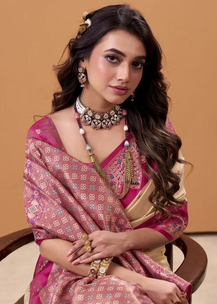 Cream and Rani Pink Banarasi Silk Saree