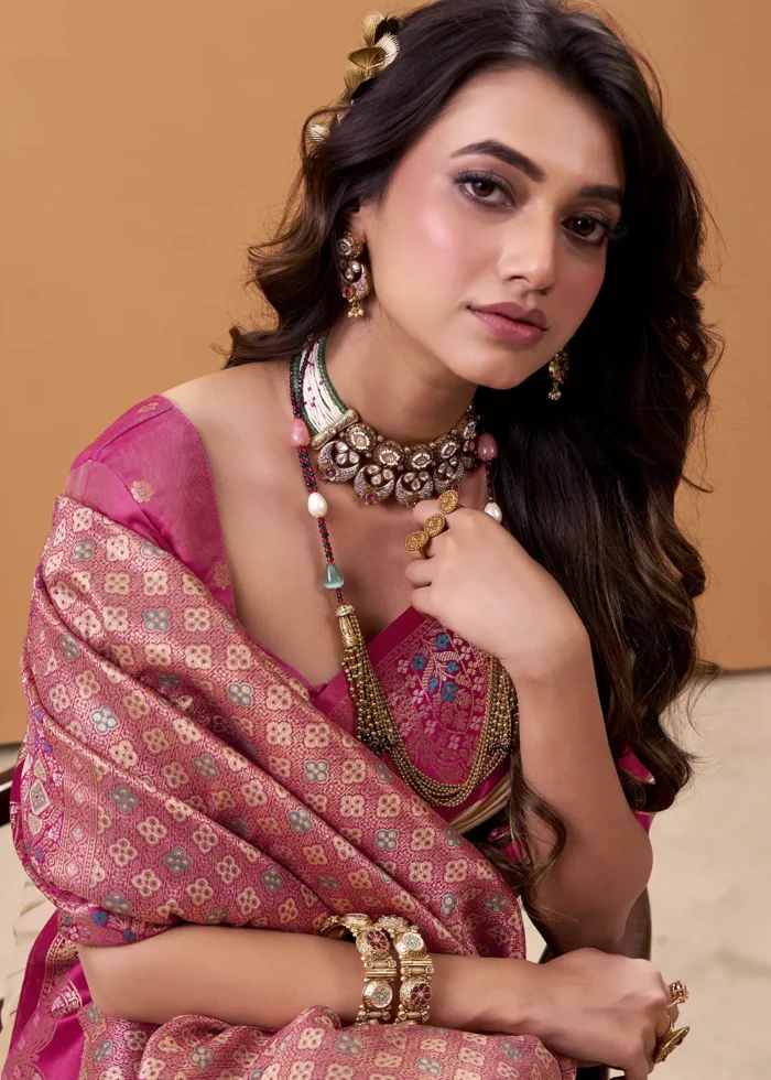 Cream and Rani Pink Banarasi Silk Saree