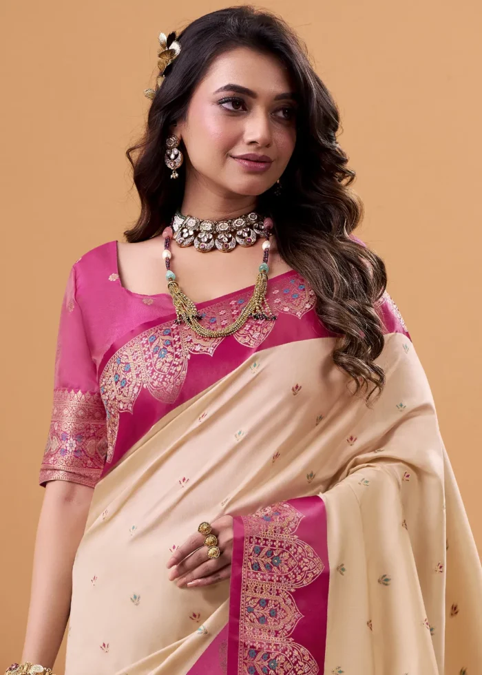 Cream and Rani Pink Banarasi Silk Saree