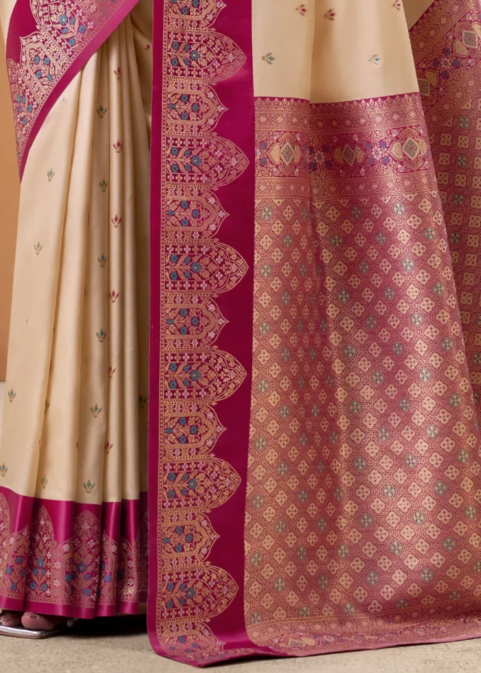 Cream and Rani Pink Banarasi Silk Saree