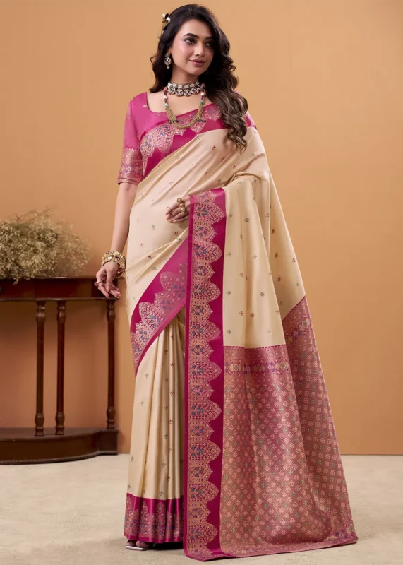 Cream and Rani Pink Banarasi Silk Saree