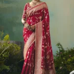 Crimson Red Banarasi Dola Silk Saree with Embroidered Blouse