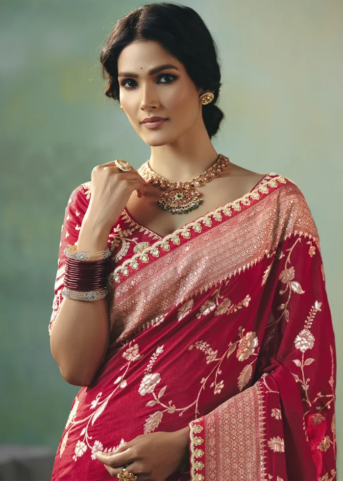 Crimson Red Banarasi Dola Silk Saree