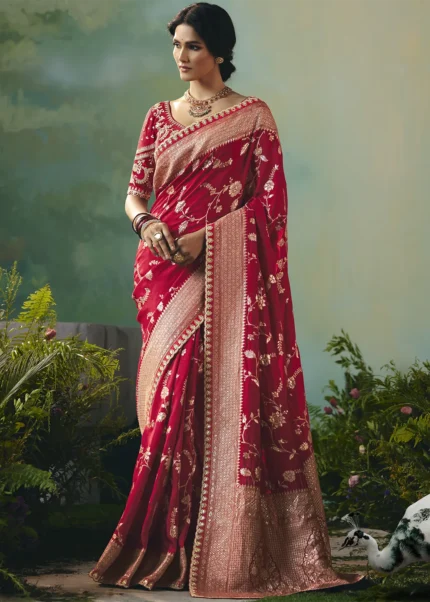 Crimson Red Banarasi Dola Silk Saree
