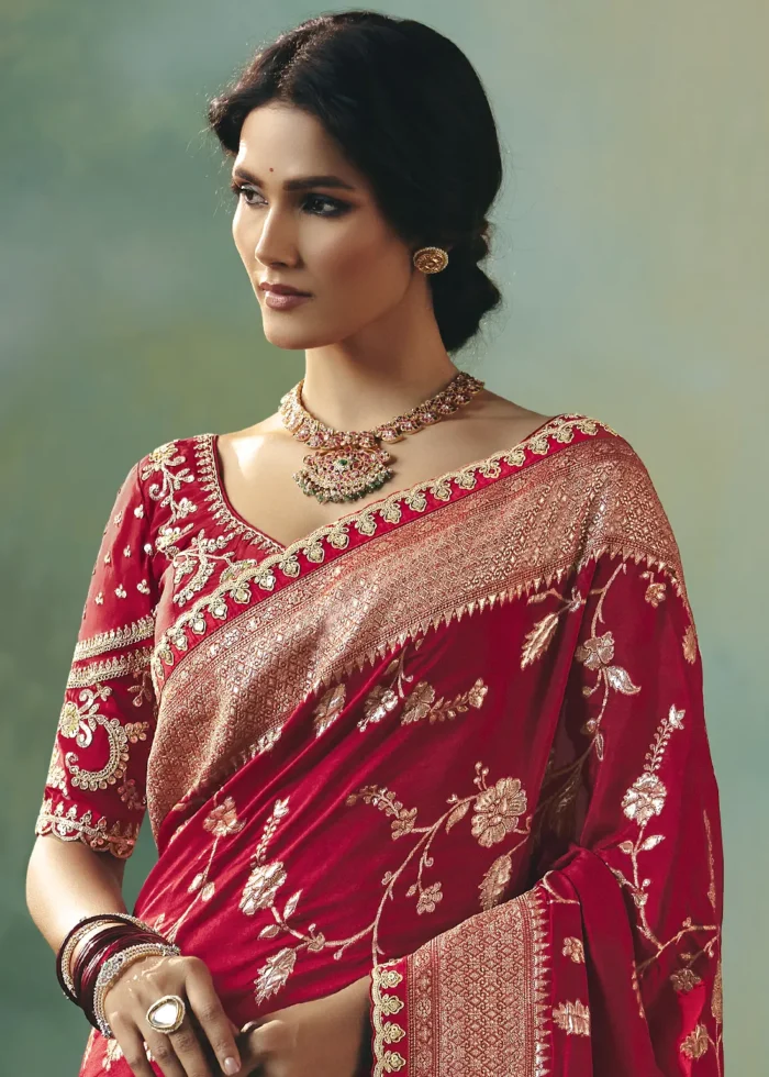 Crimson Red Banarasi Dola Silk Saree