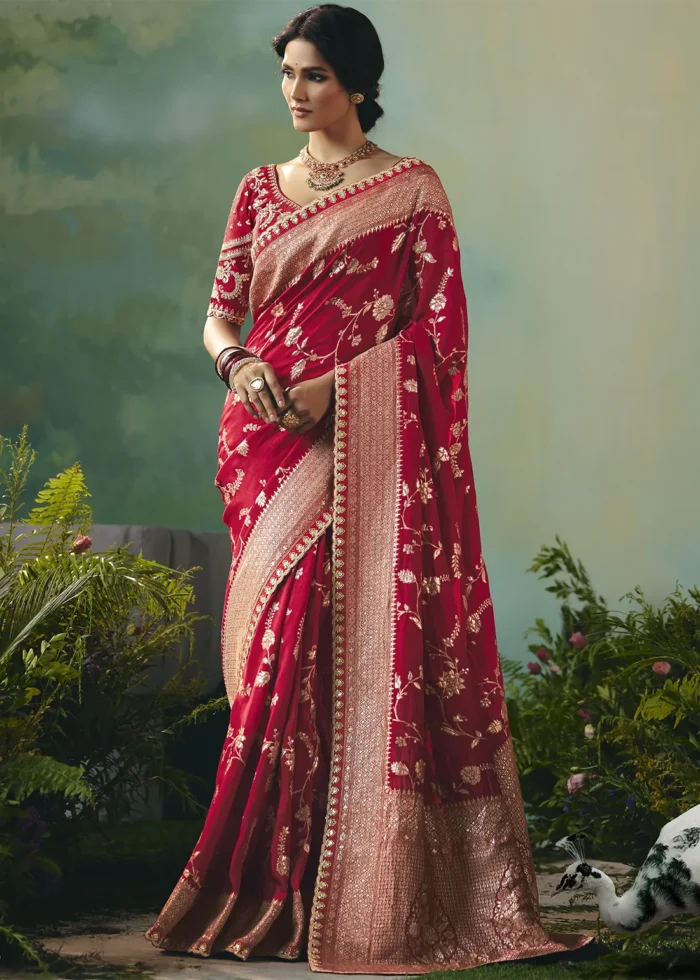 Crimson Red Banarasi Dola Silk Saree