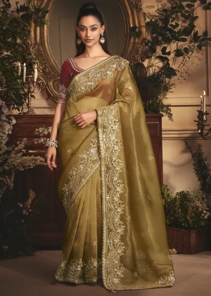 Embroidered Antique Brown Organza Saree