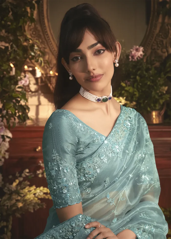 Embroidered Aqua Blue Organza Saree