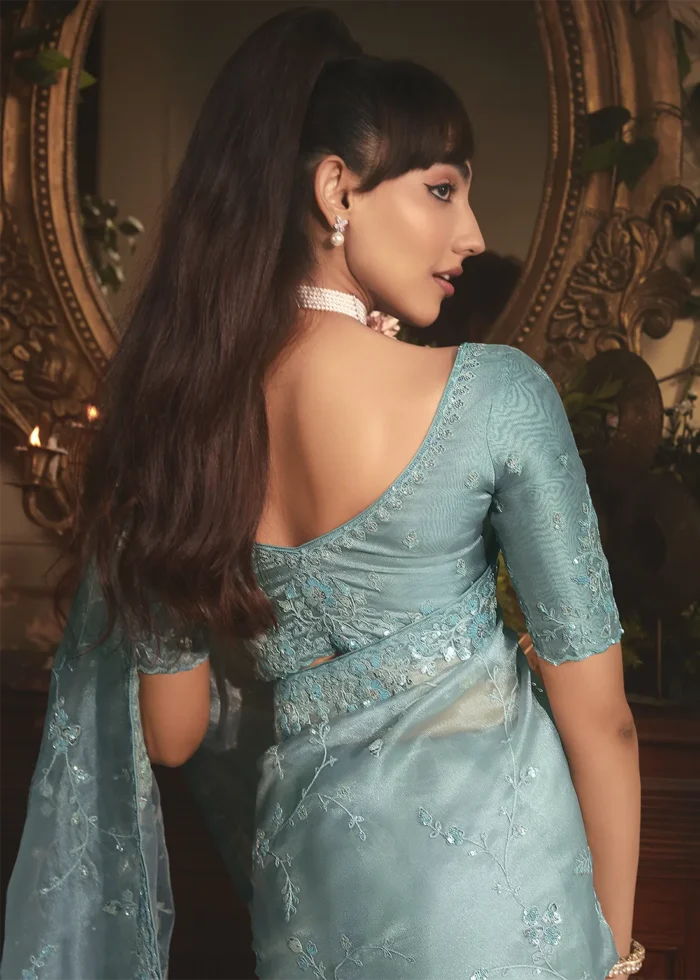 Embroidered Aqua Blue Organza Saree