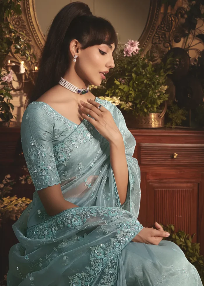 Embroidered Aqua Blue Organza Saree