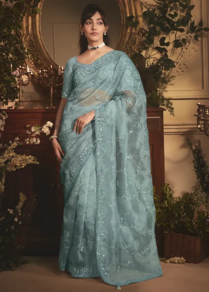 Embroidered Aqua Blue Organza Saree